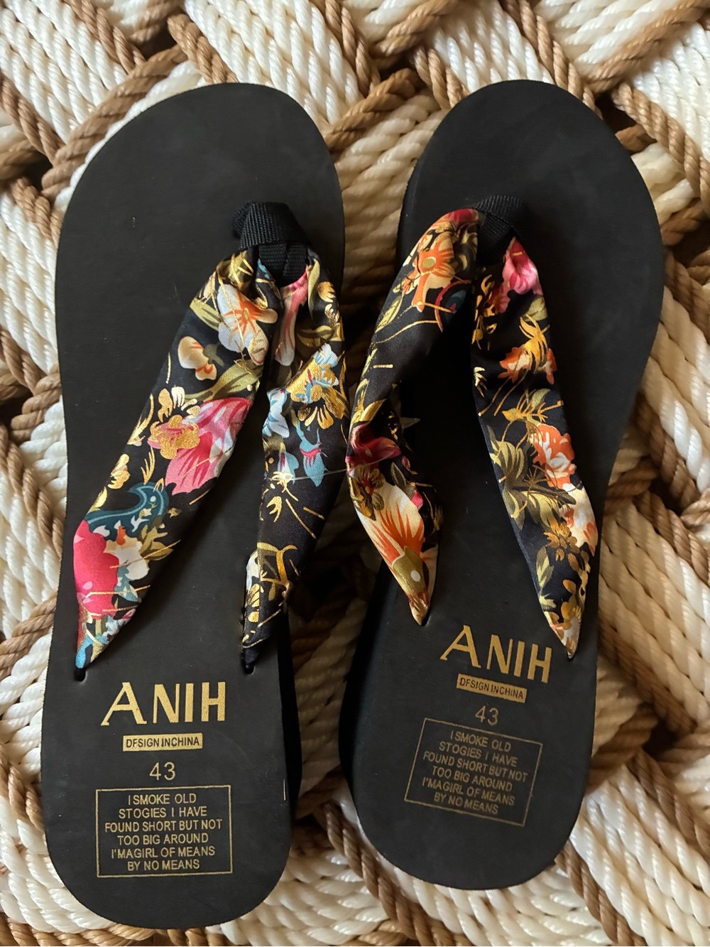 Black Floral Scarf-Strap Flip Flops (wedge)